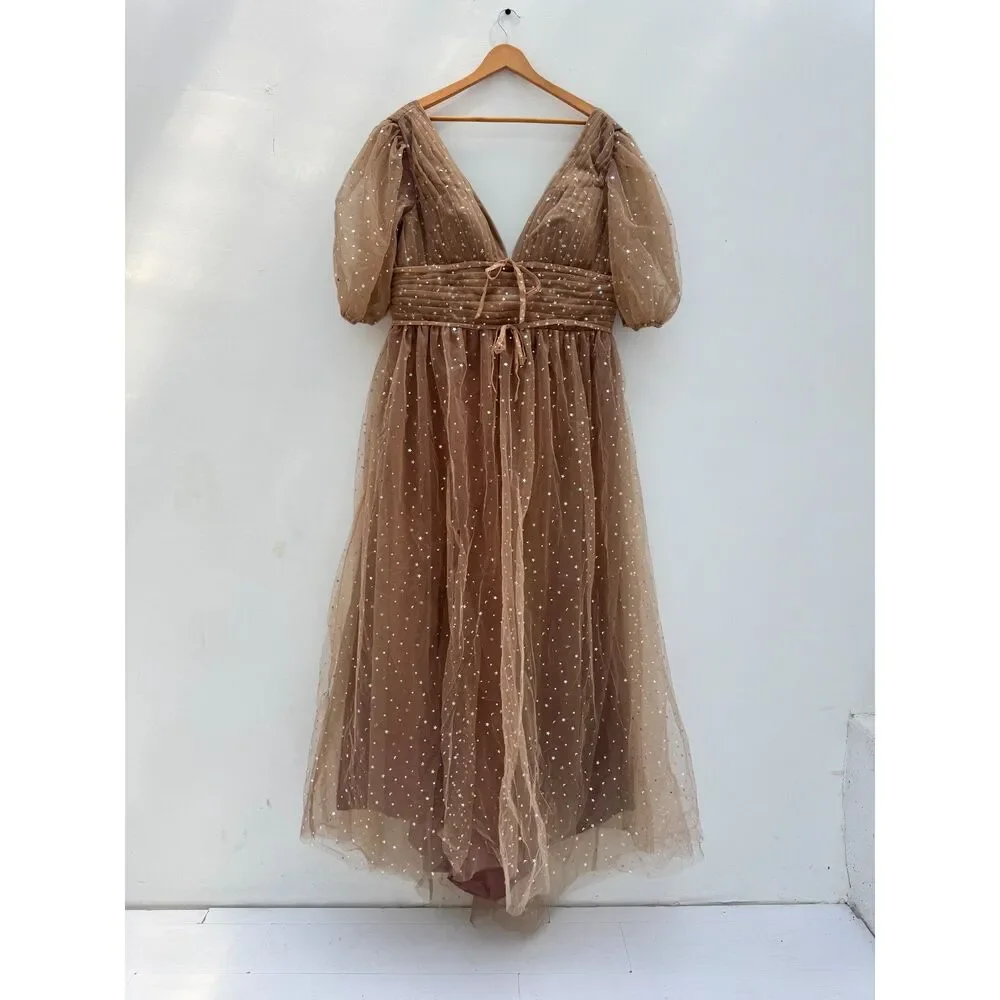 Lawrncedw Tan Tulle Star Sequin Puff Sleeve Maxi Dress V-Neck NWT 16W